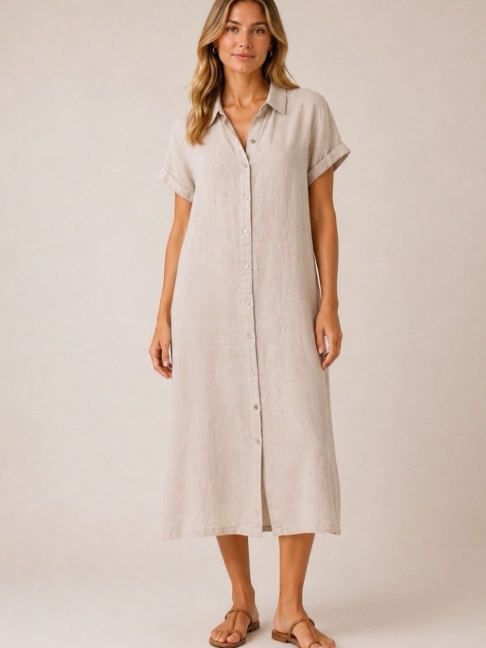 C&C California Linen Button-Front Midi Shirt Dress in Light Beige L